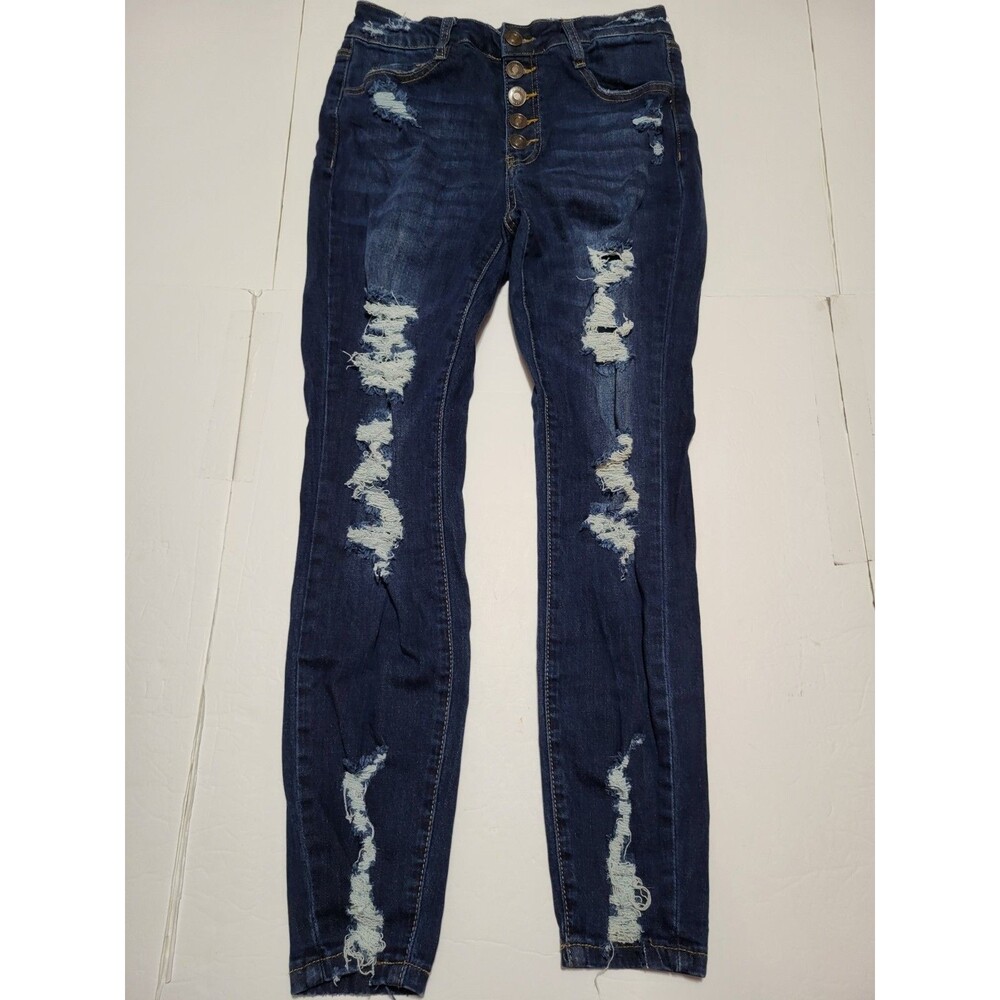 rue 21  Curvy High Rise Denim Blue Skinny Distressed SZ Women's 8 Button Fly